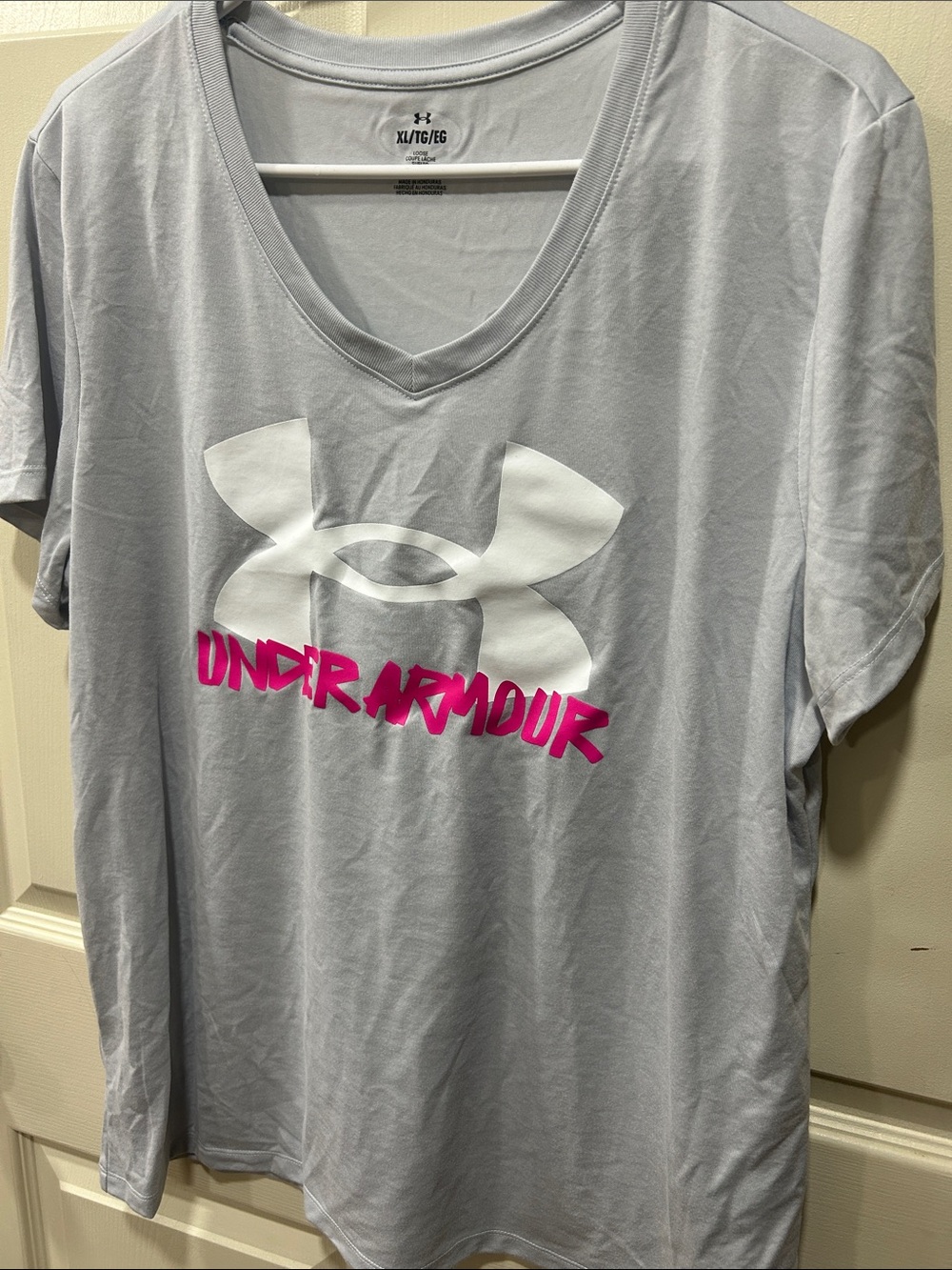 Under Armour Light Gray V-Neck Tee with Pink Script Logo